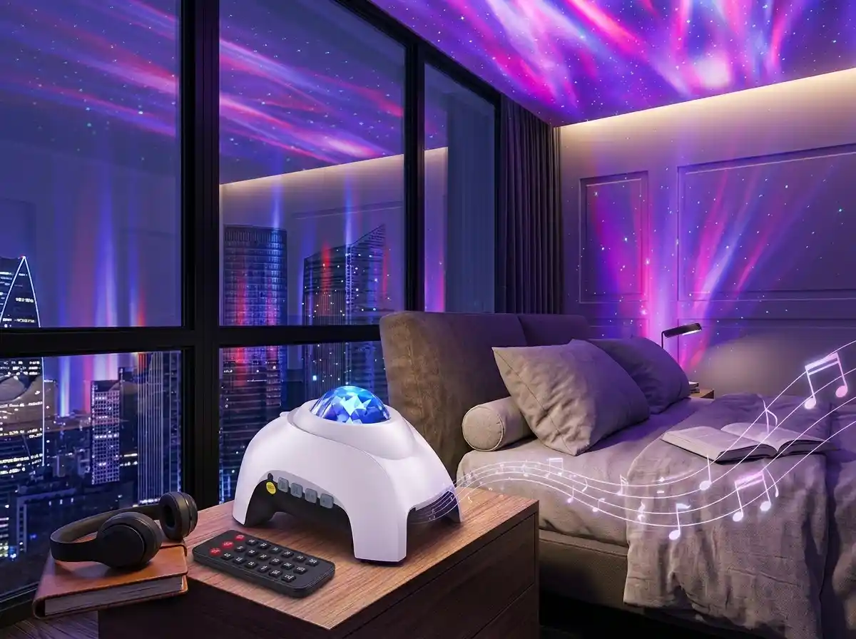 HODANS galaxy projector creating beautiful aurora effect in a cozy home